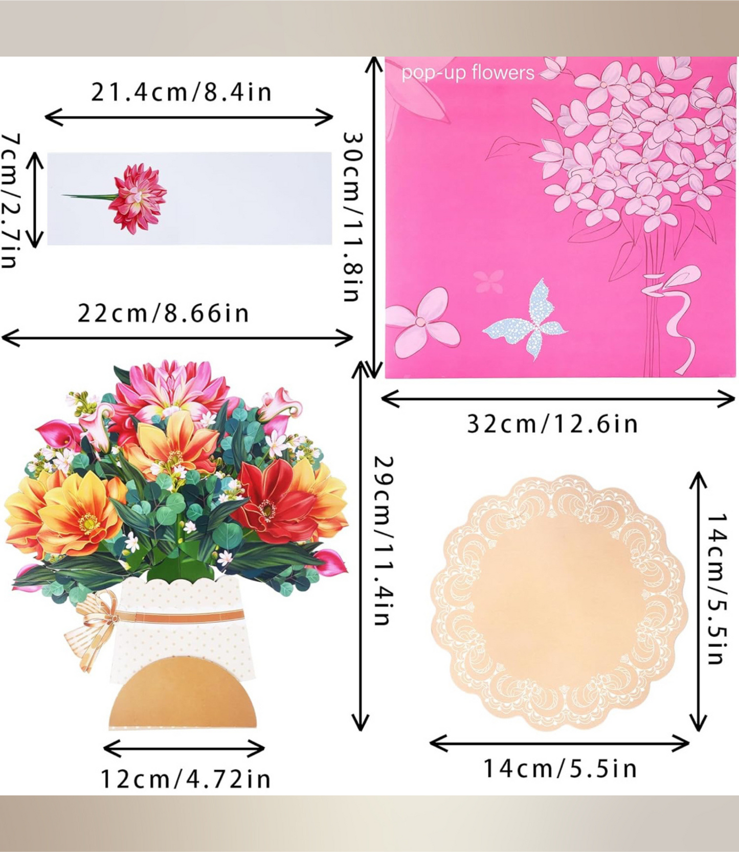 Dimensions showing size of colorful 3D pop up flower bouquet thank you gift card when folded flat
