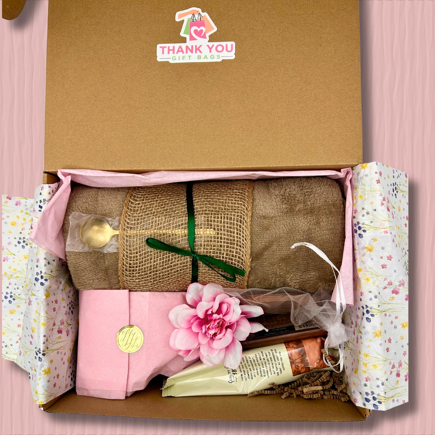 Coffee Gift Box for Her – Pink Floral Mug, Cozy Blanket, Chocolove Bar & Gold Spoon | Luxe Thank-You & Relaxation Set