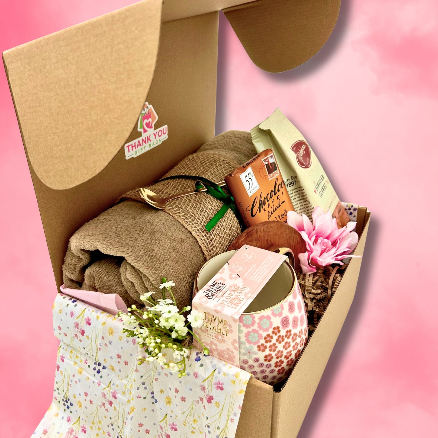 Coffee Gift Box for Her – Pink Floral Mug, Cozy Blanket, Chocolove Bar & Gold Spoon | Luxe Thank-You & Relaxation Set