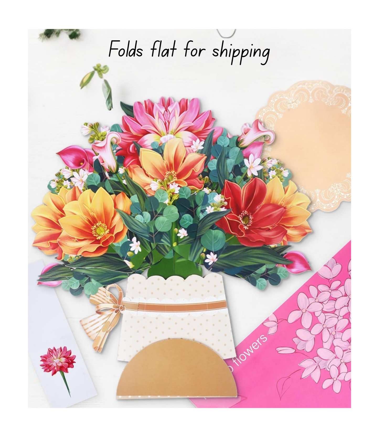 Colorful 3D pop up flower bouquet thank you gift card folded flat for shipping