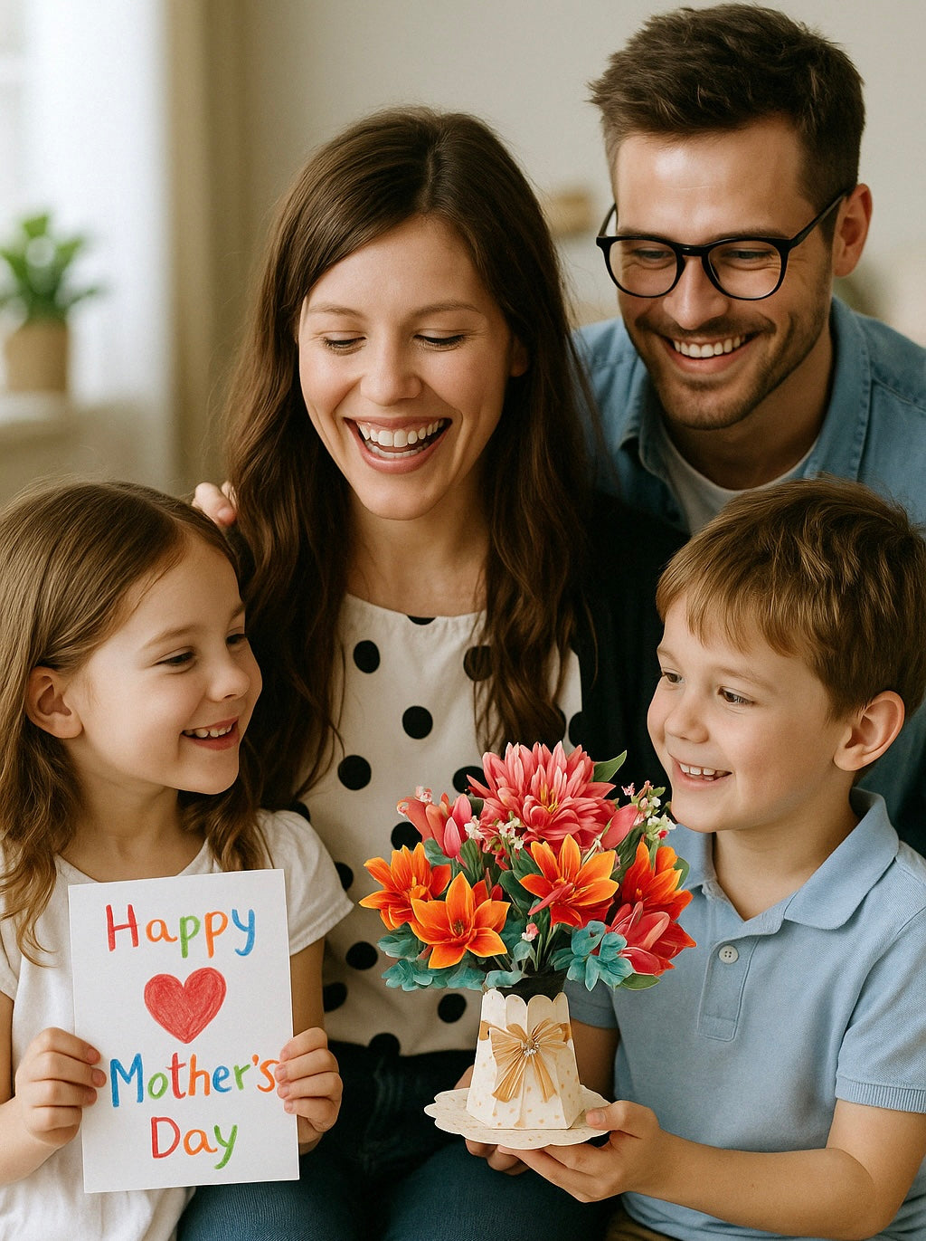 Colorful 3D pop up flower bouquet thank you gift card being given to mom by her children for Mother’s Day