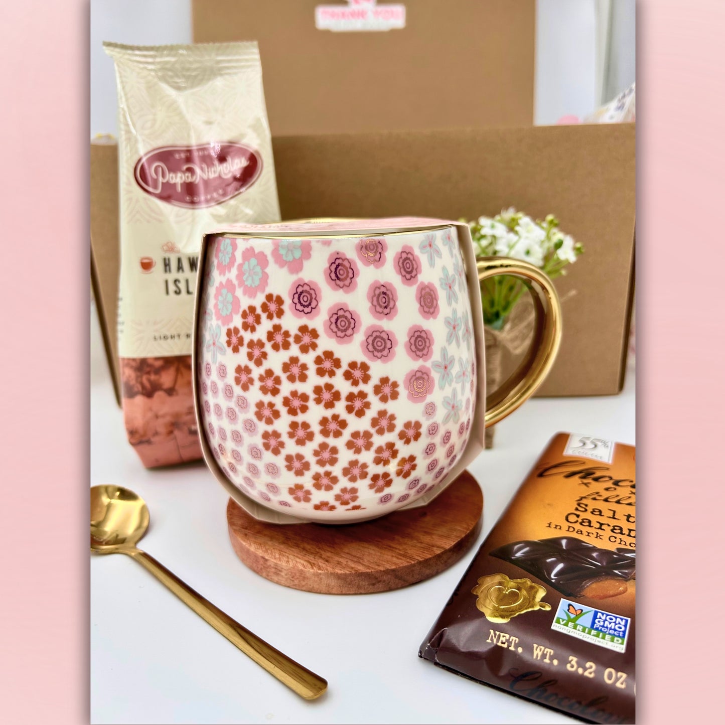 Coffee Gift Box for Her – Pink Floral Mug, Cozy Blanket, Chocolove Bar & Gold Spoon | Luxe Thank-You & Relaxation Set