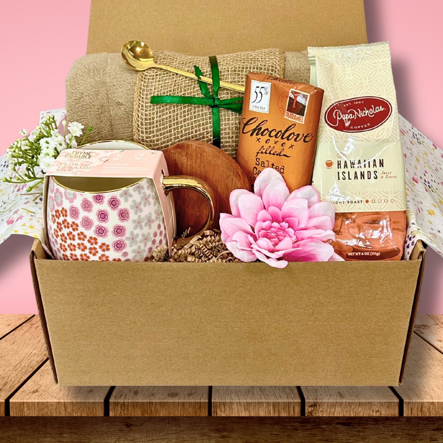 Coffee Gift Box for Her – Pink Floral Mug, Cozy Blanket, Chocolove Bar & Gold Spoon | Luxe Thank-You & Relaxation Set