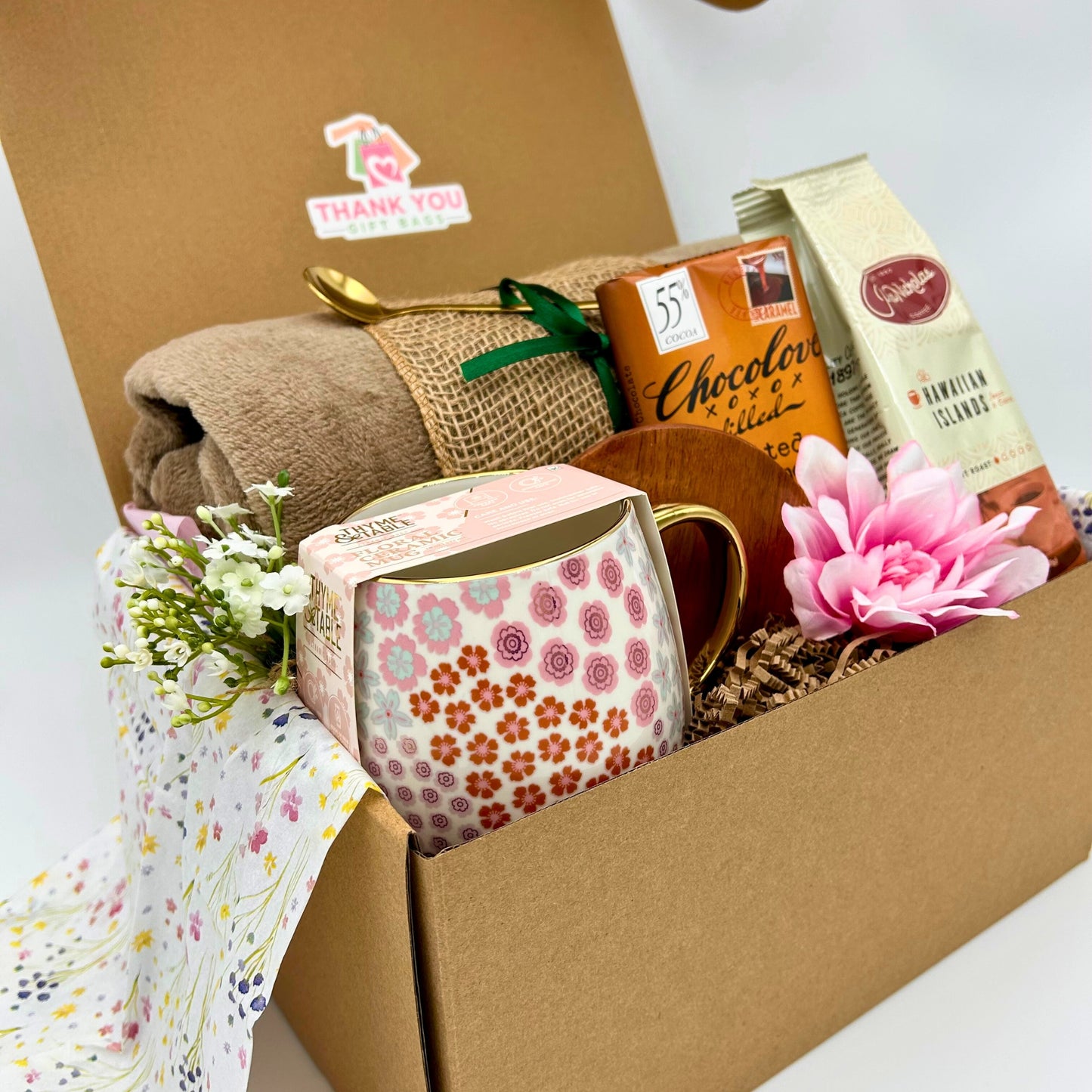 Coffee Gift Box for Her – Pink Floral Mug, Cozy Blanket, Chocolove Bar & Gold Spoon | Luxe Thank-You & Relaxation Set