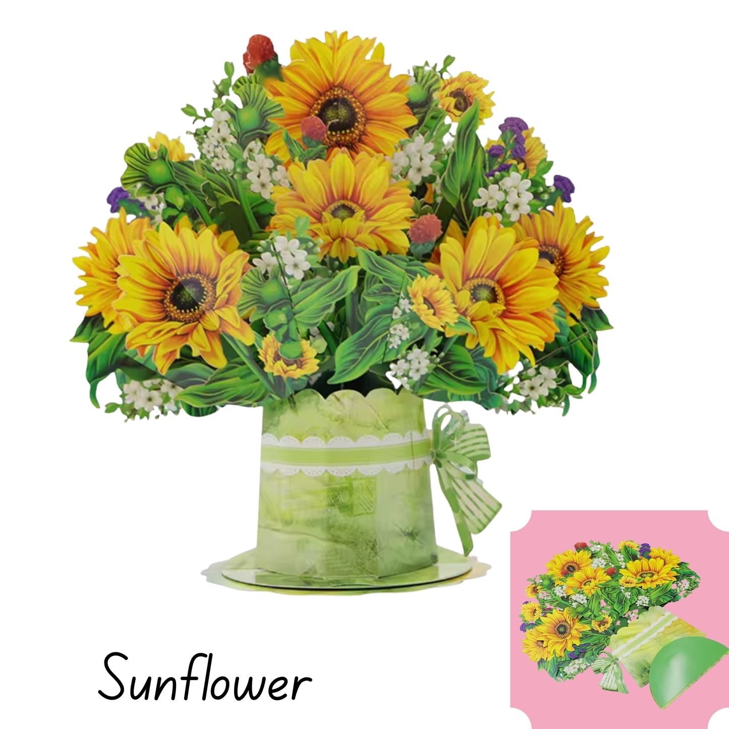 Colorful 3D pop up Sunflower flower bouquet thank you gift card displayed standing open with inset of folded version