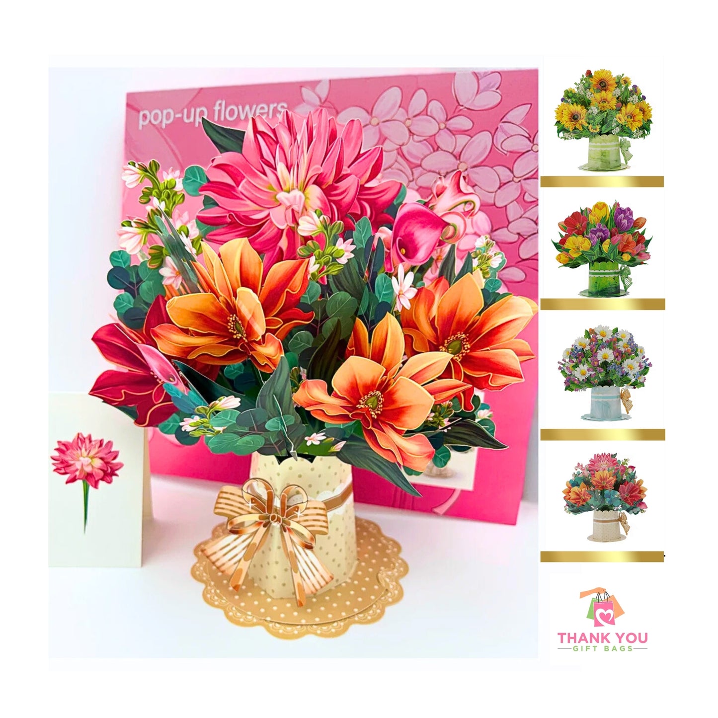 3D pop up flower bouquet card showing main design with smaller images of Sunflower, Tulip, Daisy, and Dahlia bouquet options from Thank You Gift Bags