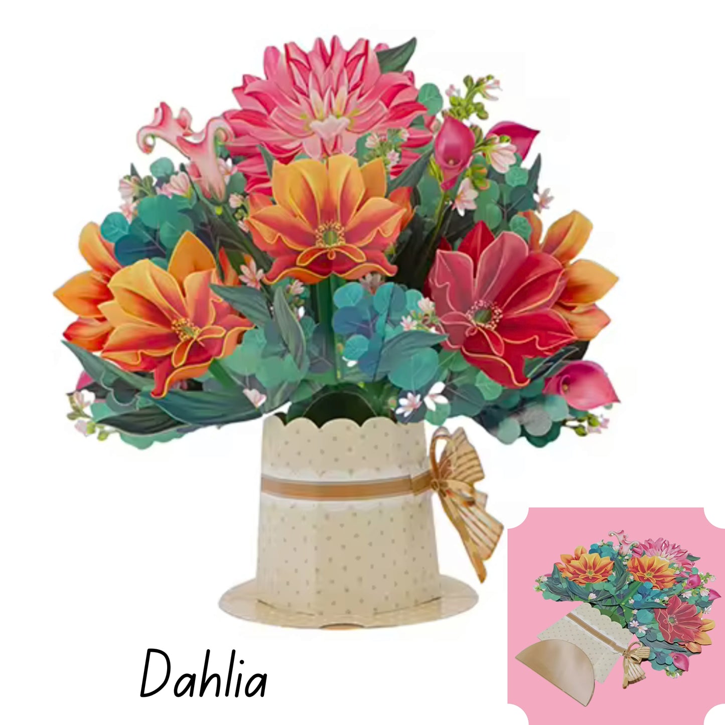 Colorful 3D pop up Dahlia flower bouquet thank you gift card shown open with inset image of bouquet folded flat