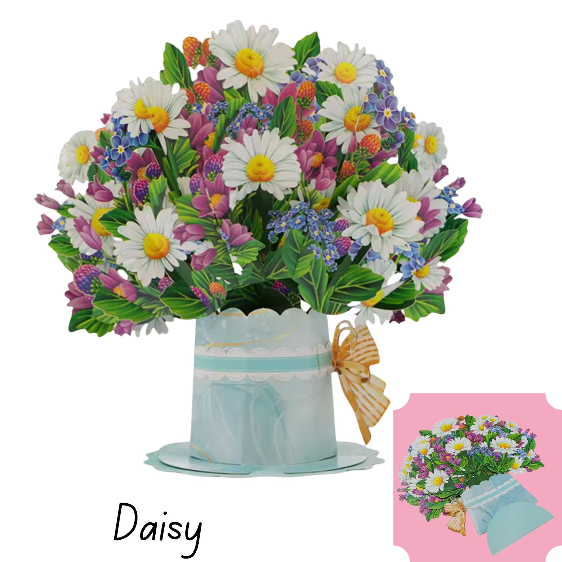 Colorful 3D pop up Daisy flower bouquet thank you gift card displayed upright with inset showing bouquet folded flat