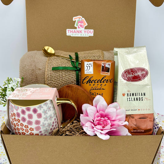 Coffee Gift Box for Her – Pink Floral Mug, Cozy Blanket, Chocolove Bar & Gold Spoon | Luxe Thank-You & Relaxation Set
