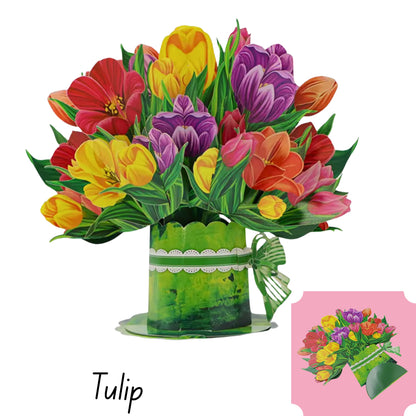 Colorful 3D pop up Tulip flower bouquet thank you gift card shown fully opened with inset photo of folded card