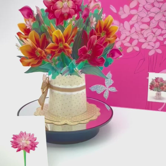 360 degree video of colorful 3D pop up flower bouquet thank you gift card spinning on mirrored stand to show full floral design