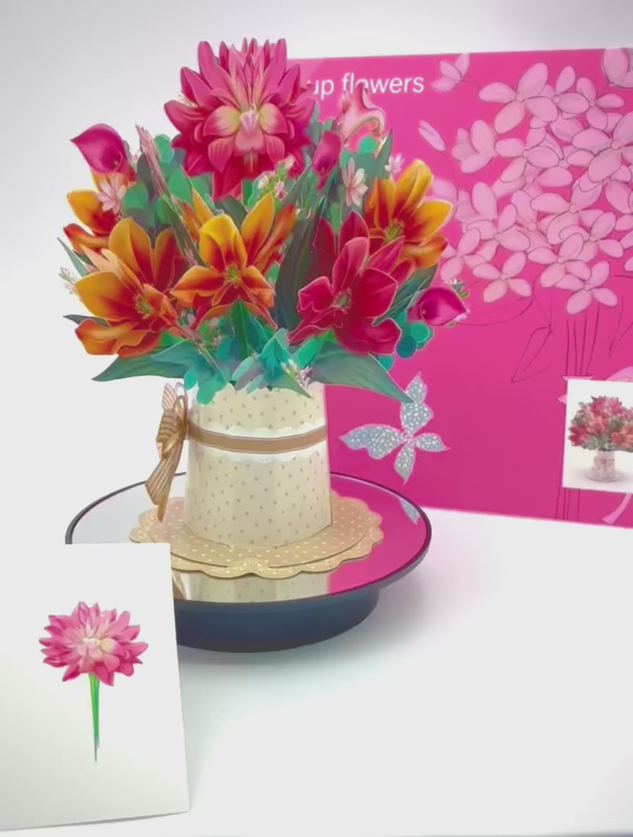 360 degree video of colorful 3D pop up flower bouquet thank you gift card spinning on mirrored stand to show full floral design